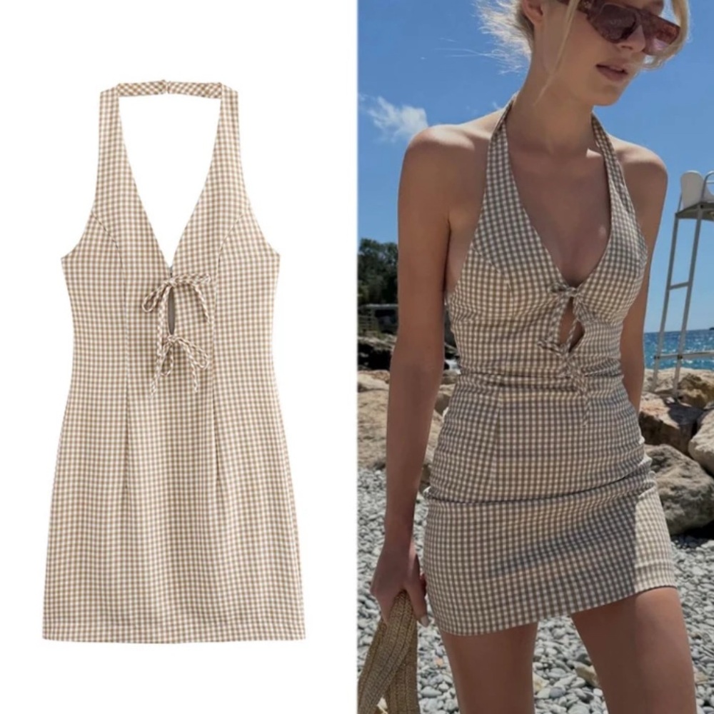 Zara Beige Checkered Mini Dress